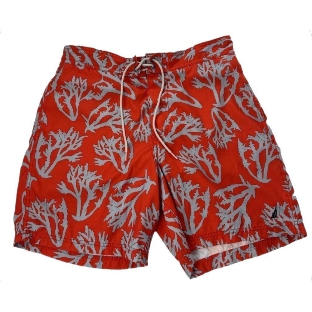 Nautica Swim Trunks Men L Orange Coral Print Board Shorts Mesh Lined Beachwear
